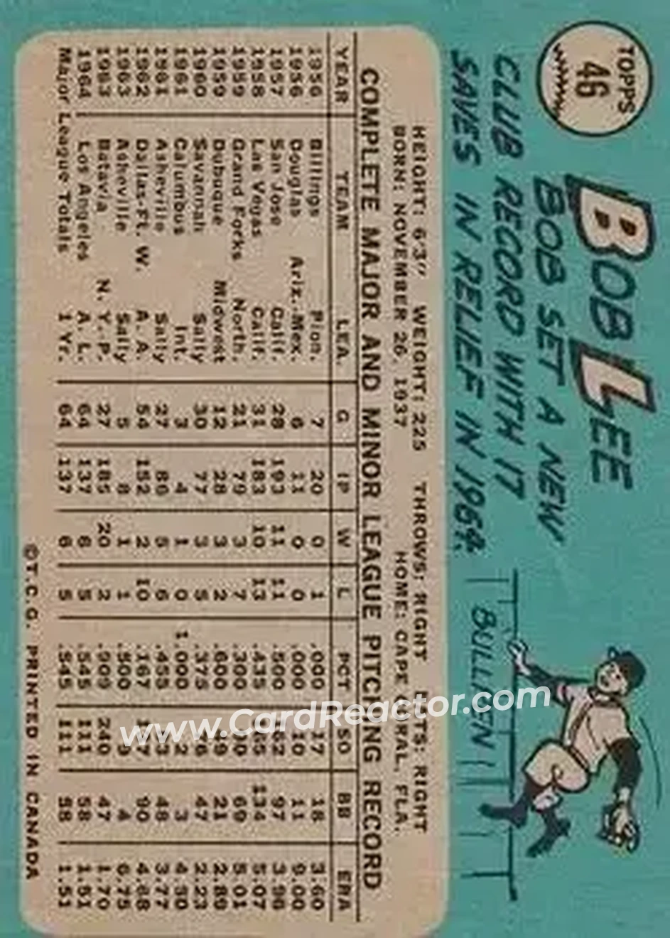 1965 O-Pee-Chee #46 - Bob Lee - Los Angeles Angels - Back