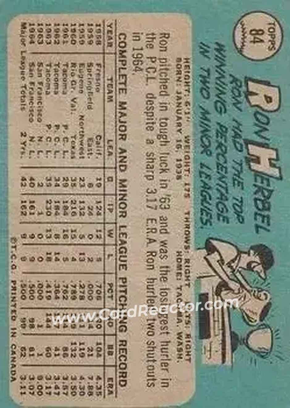 1965 O-Pee-Chee #84 - Ron Herbel - San Francisco Giants - Back 1965 O-Pee-Chee #84 - Ron Herbel - San Francisco Giants - Back