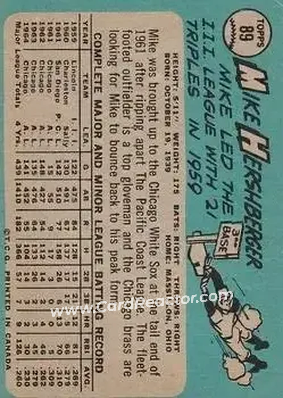 1965 O-Pee-Chee #89 - Mike Hershberger - Chicago White Sox - Back