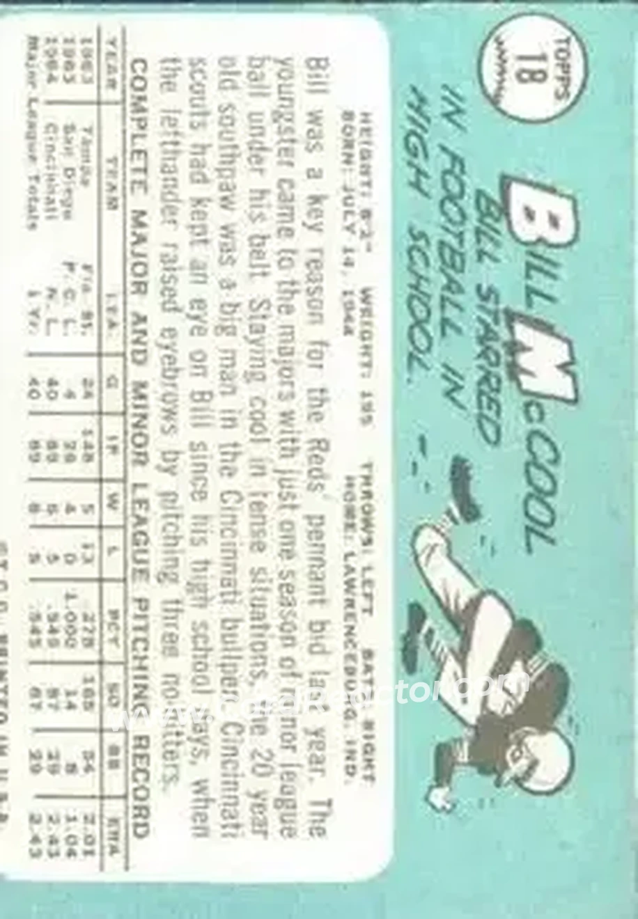 1965 Topps #18 - Bill McCool - Cincinnati Reds - Back 1965 Topps #18 - Bill McCool - Cincinnati Reds - Back