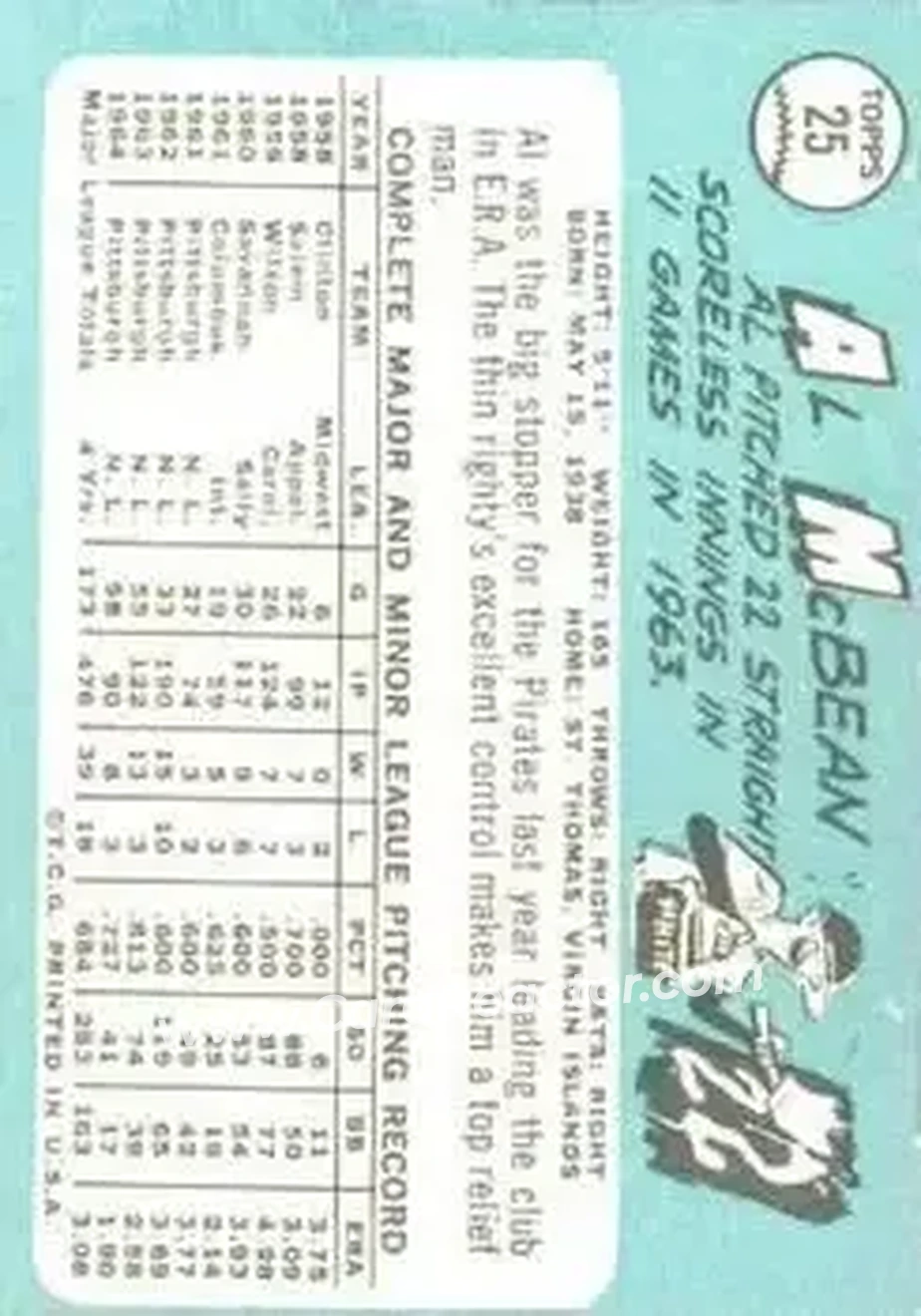1965 Topps #25 - Al McBean - Pittsburgh Pirates - Back