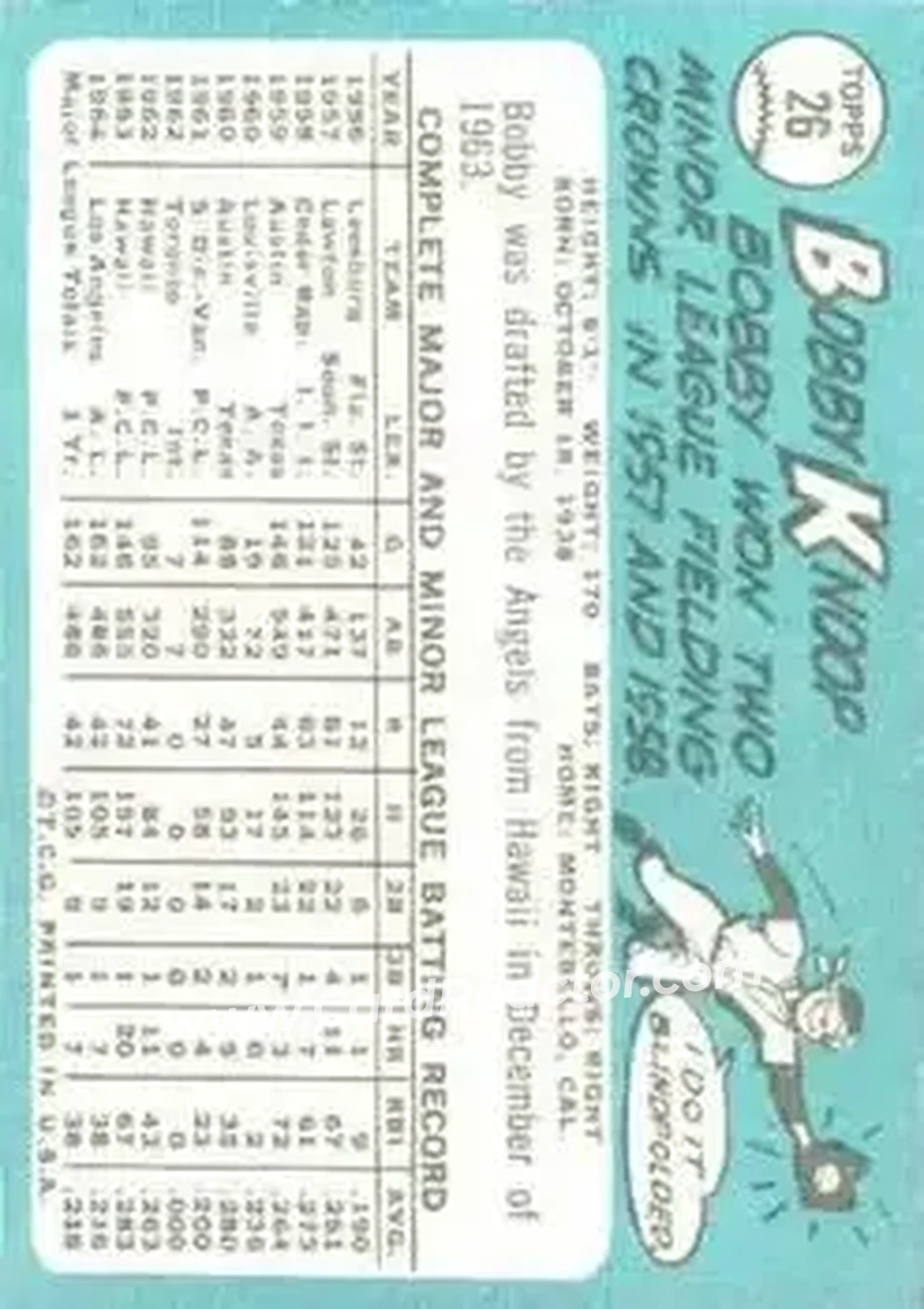 1965 Topps #26 - Bobby Knoop - Los Angeles Angels - Back 1965 Topps #26 - Bobby Knoop - Los Angeles Angels - Back