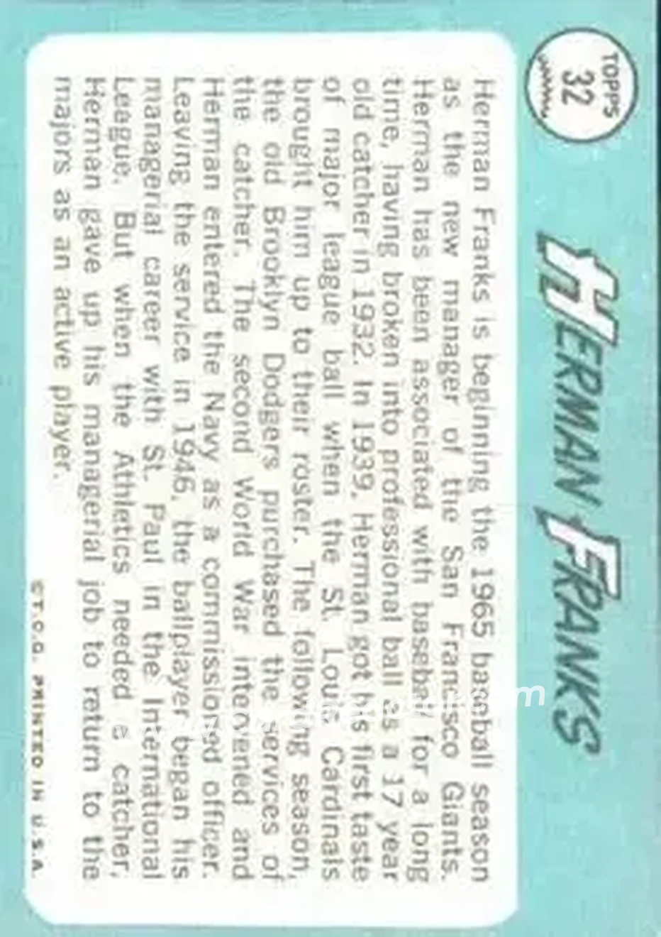 1965 Topps #32 - Herman Franks - San Francisco Giants - Back 1965 Topps #32 - Herman Franks - San Francisco Giants - Back