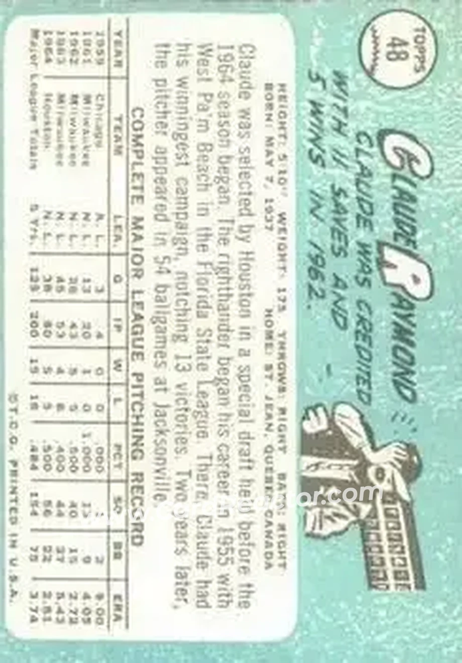 1965 Topps #48 - Claude Raymond - Houston Astros - Back 1965 Topps #48 - Claude Raymond - Houston Astros - Back