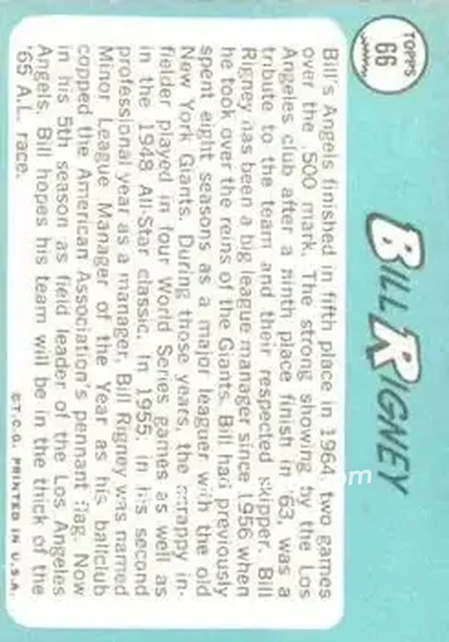 1965 Topps #66 - Bill Rigney - Los Angeles Angels - Back
