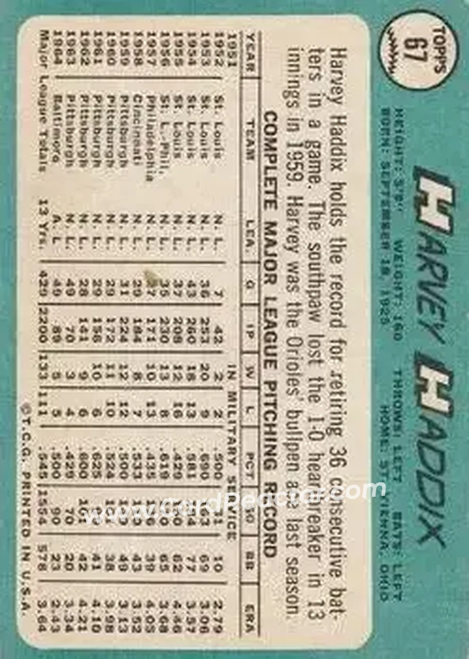1965 Topps #67 - Harvey Haddix - Baltimore Orioles - Back 1965 Topps #67 - Harvey Haddix - Baltimore Orioles - Back