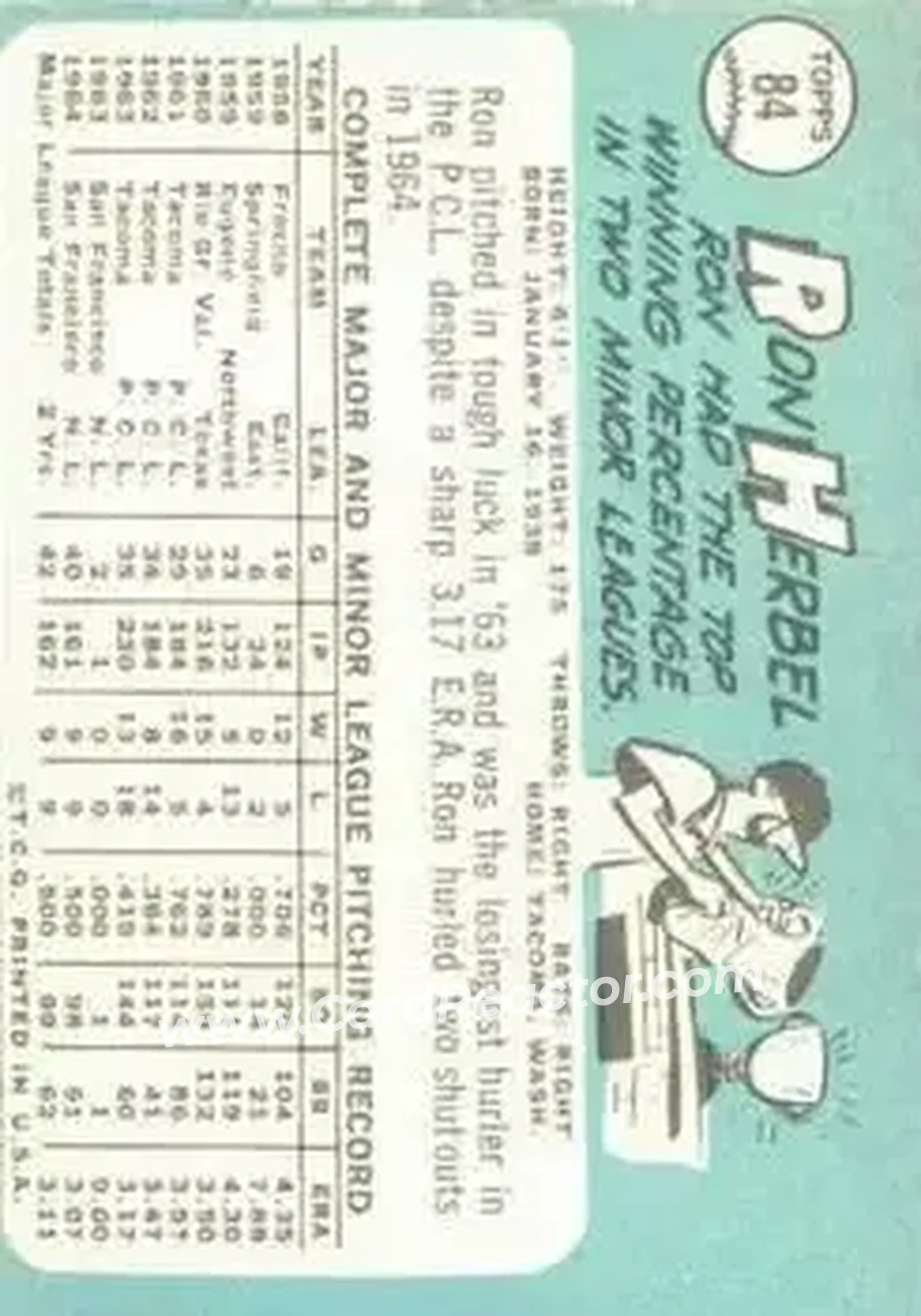 1965 Topps #84 - Ron Herbel - San Francisco Giants - Back 1965 Topps #84 - Ron Herbel - San Francisco Giants - Back