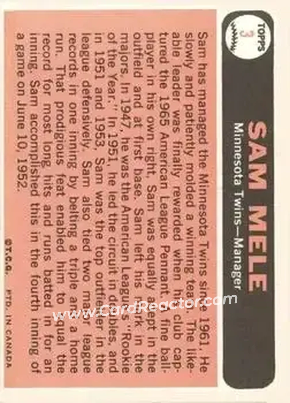 1966 O-Pee-Chee #3 - Sam Mele - Minnesota Twins - Back