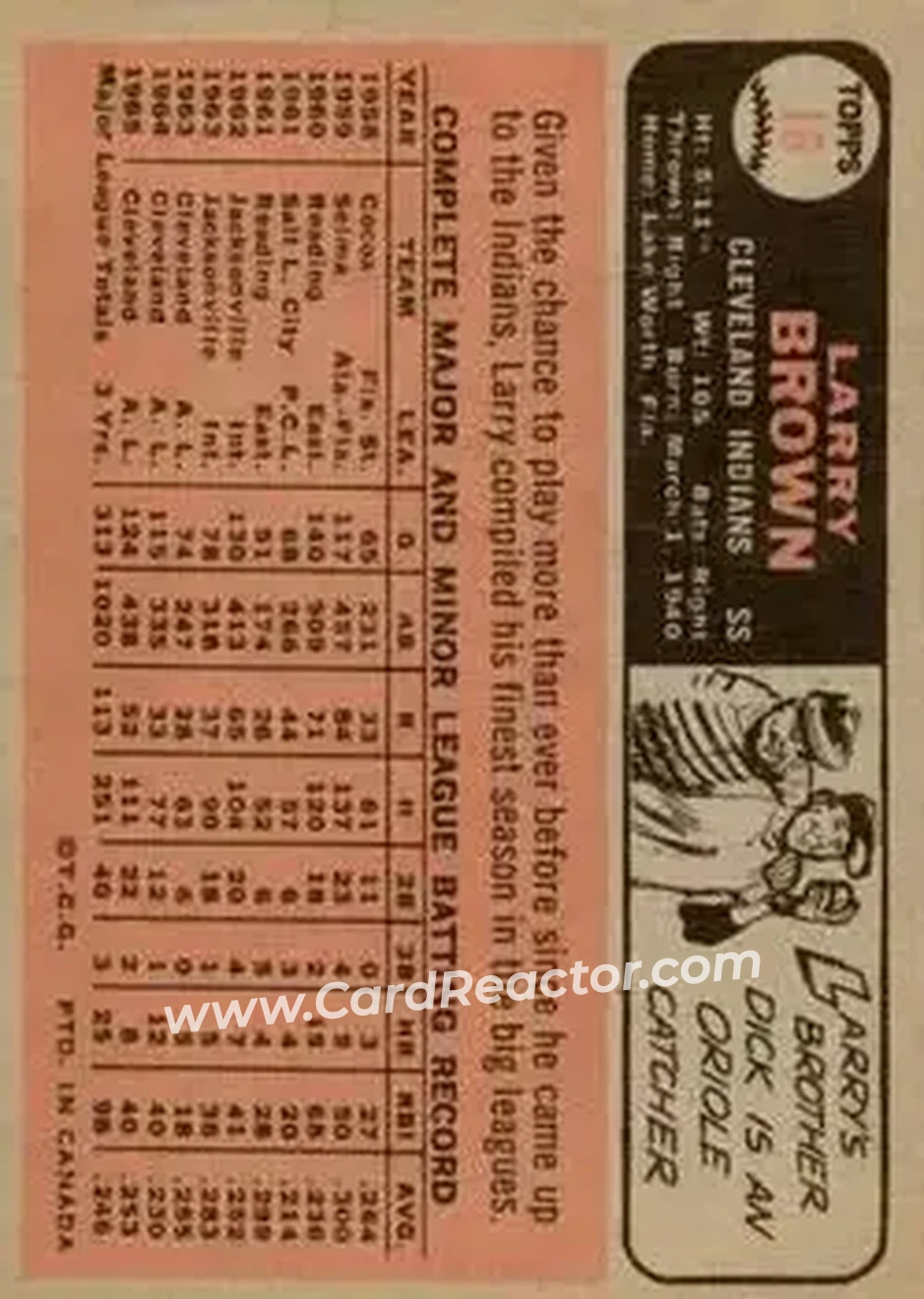 1966 O-Pee-Chee #16 - Larry Brown - Cleveland Indians - Back