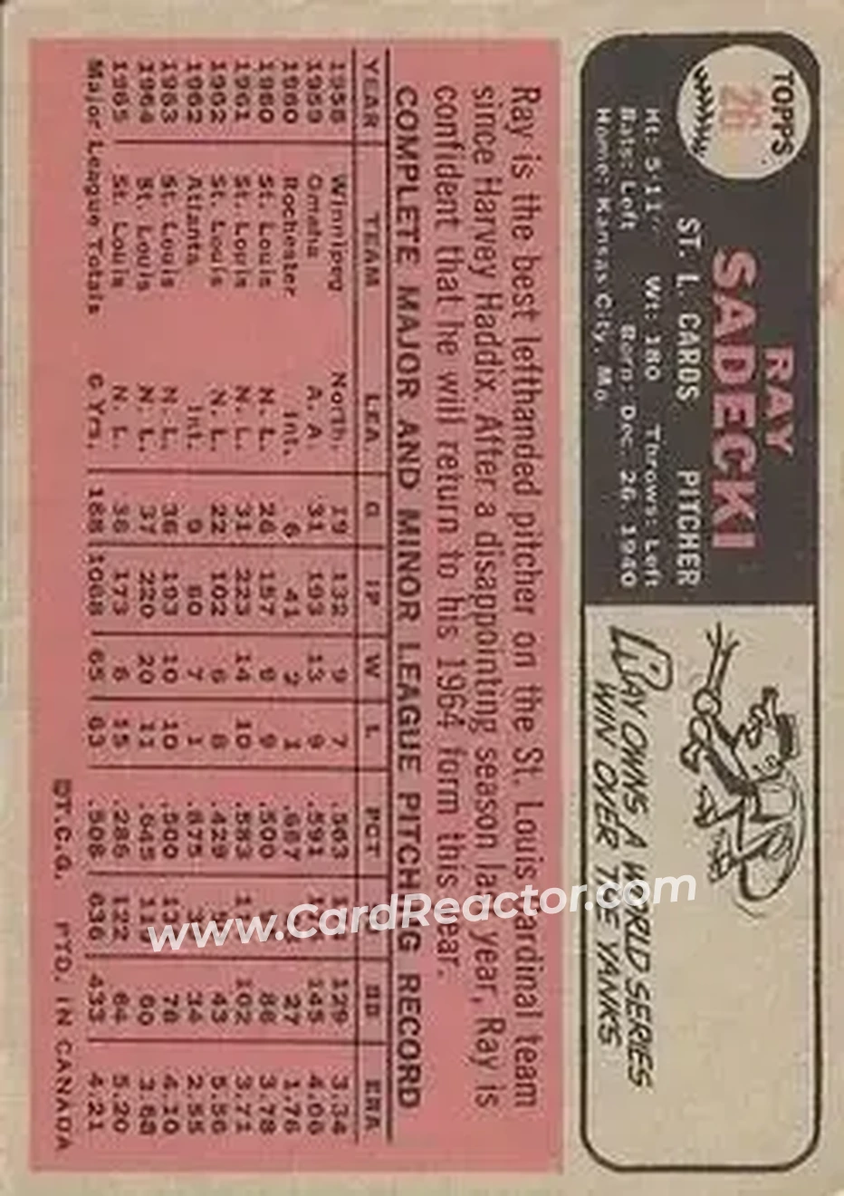 1966 O-Pee-Chee #26 - Ray Sadecki - St. Louis Cardinals - Back