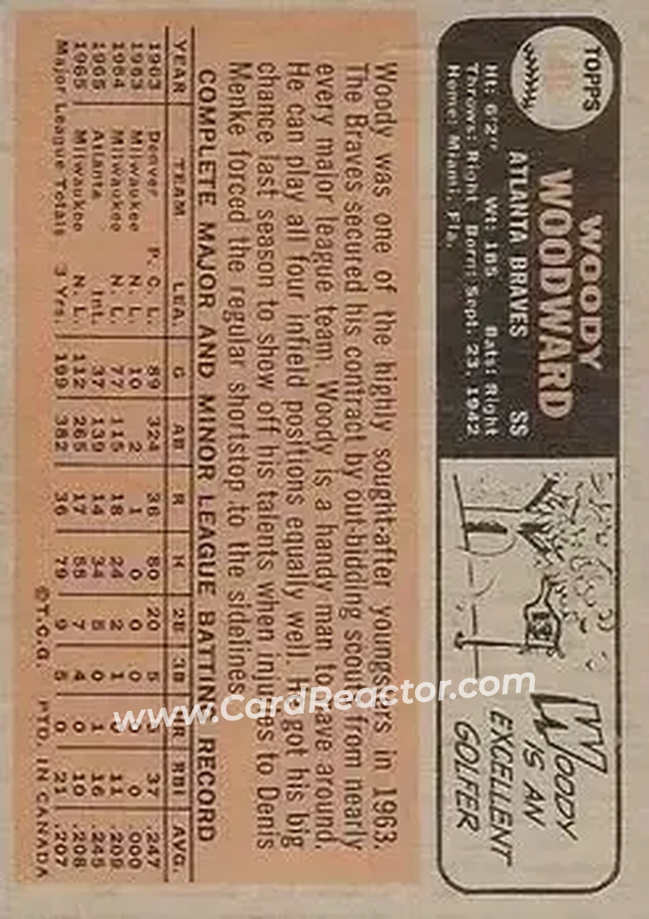 1966 O-Pee-Chee #49 - Woody Woodward - Atlanta Braves - Back
