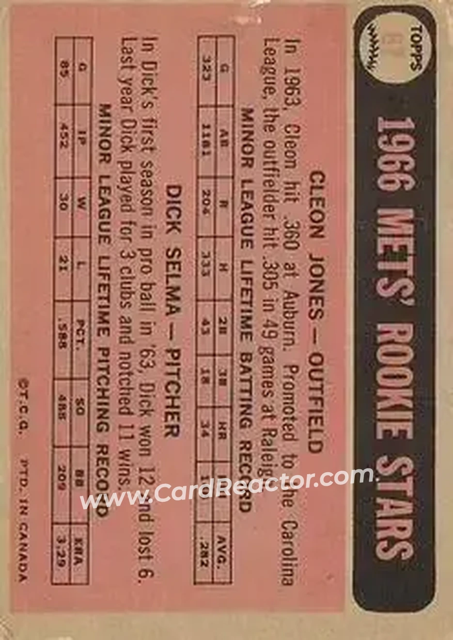 1966 O-Pee-Chee #67 - Card #67 - New York Mets - Back