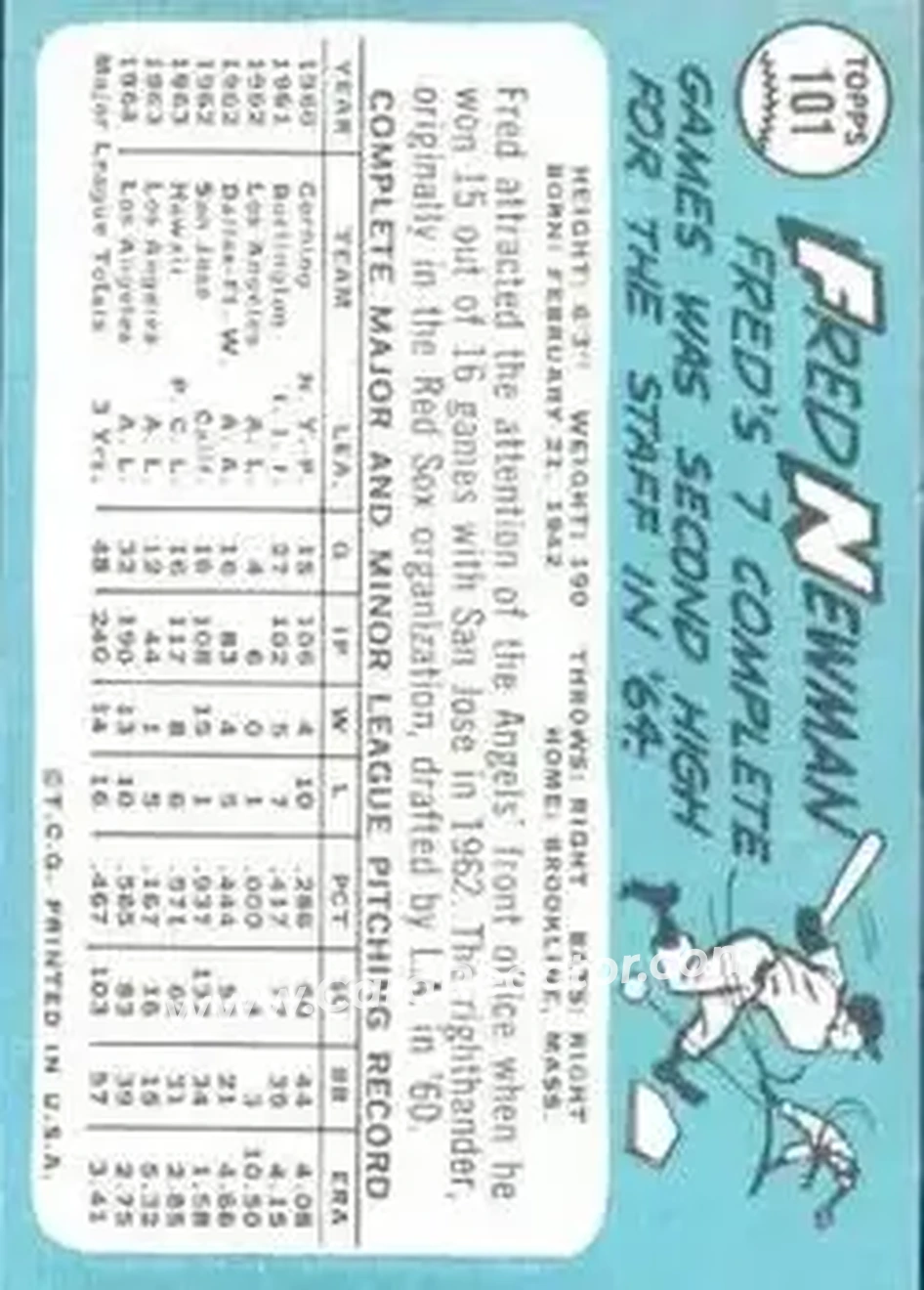 1965 Topps #101 - Fred Newman - Los Angeles Angels - Back