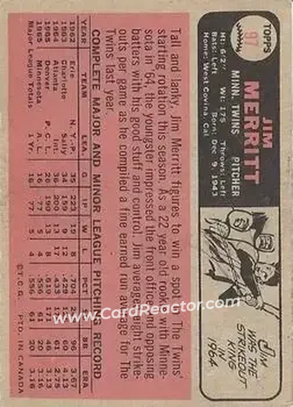 1966 O-Pee-Chee #97 - Jim Merritt - Minnesota Twins - Back 1966 O-Pee-Chee #97 - Jim Merritt - Minnesota Twins - Back