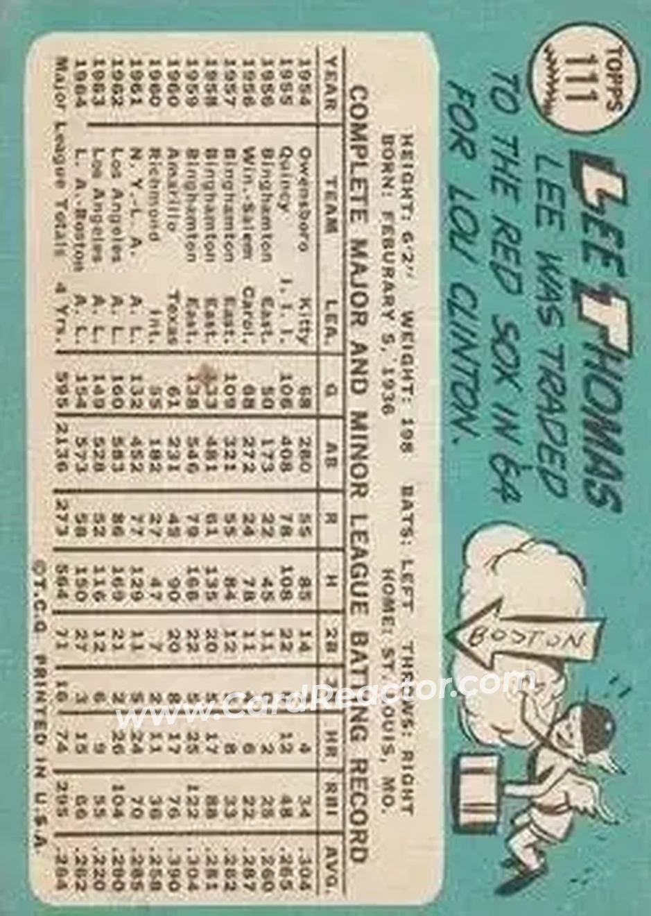 1965 Topps #111 - Leroy Thomas - Boston Red Sox - Back