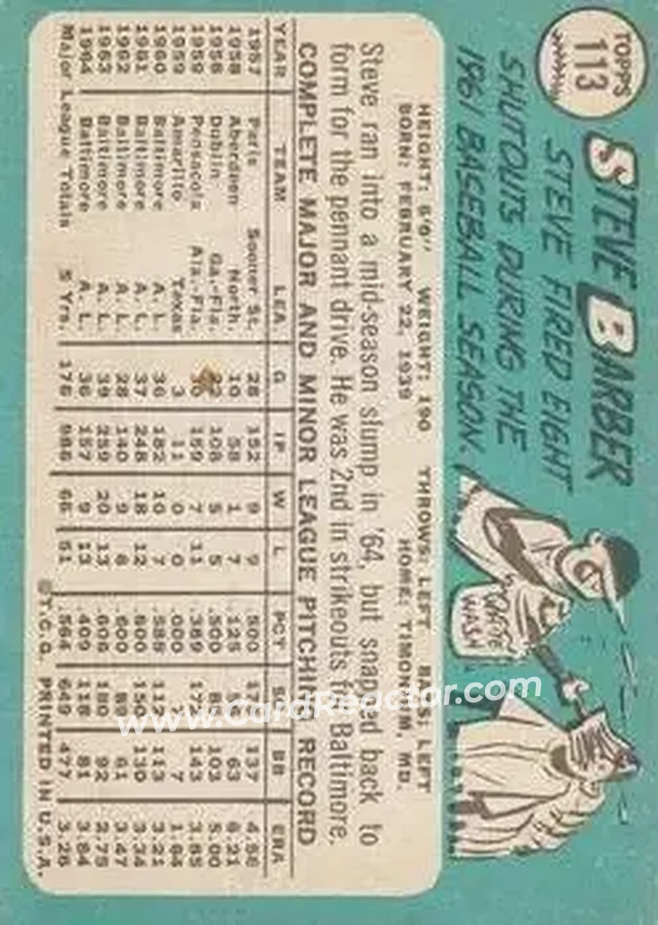 1965 Topps #113 - Steve Barber - Baltimore Orioles - Back