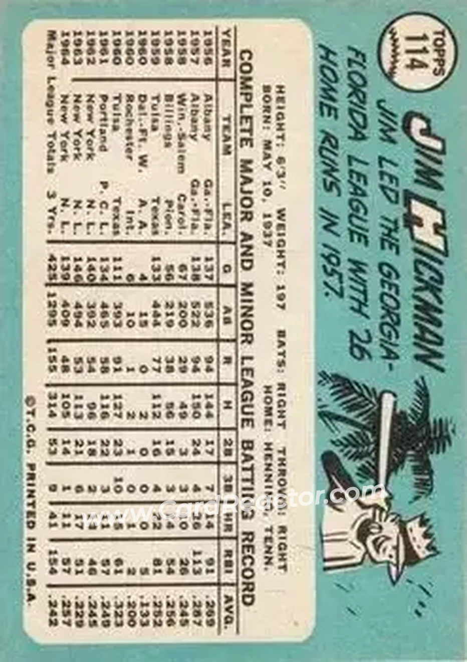 1965 Topps #114 - Jim Hickman - New York Mets - Back