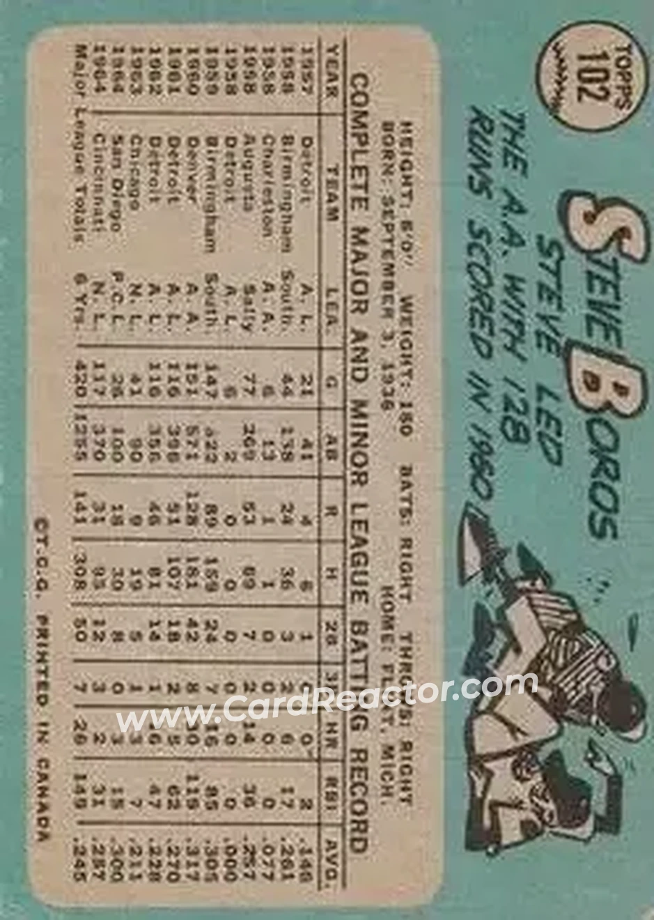 1965 O-Pee-Chee #102 - Steve Boros - Cincinnati Reds - Back