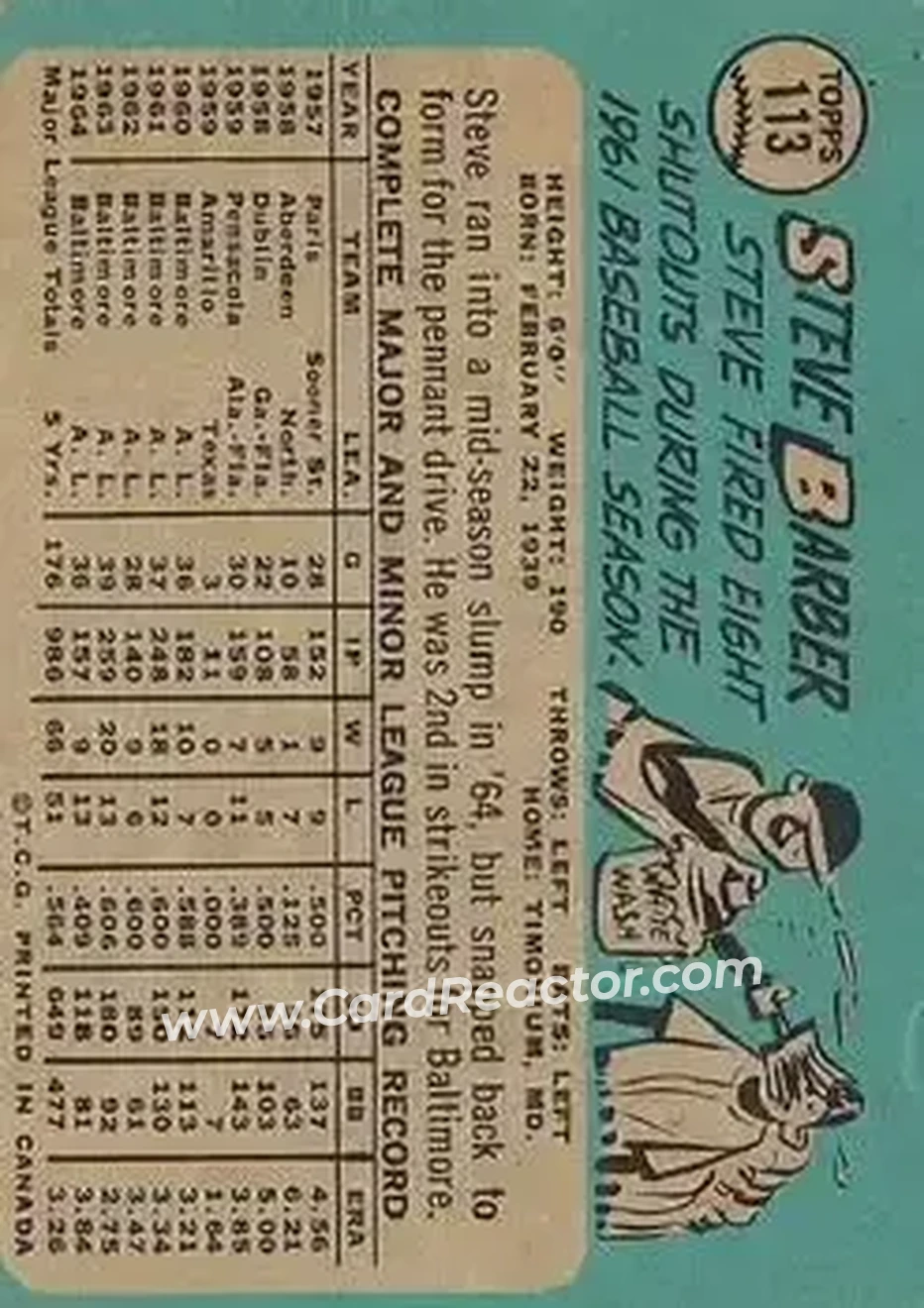 1965 O-Pee-Chee #113 - Steve Barber - Baltimore Orioles - Back