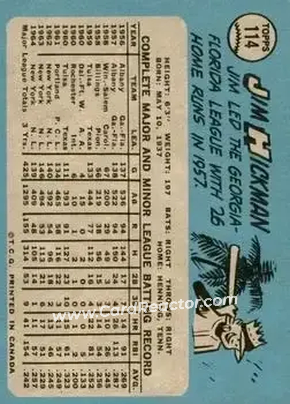 1965 O-Pee-Chee #114 - Jim Hickman - New York Mets - Back