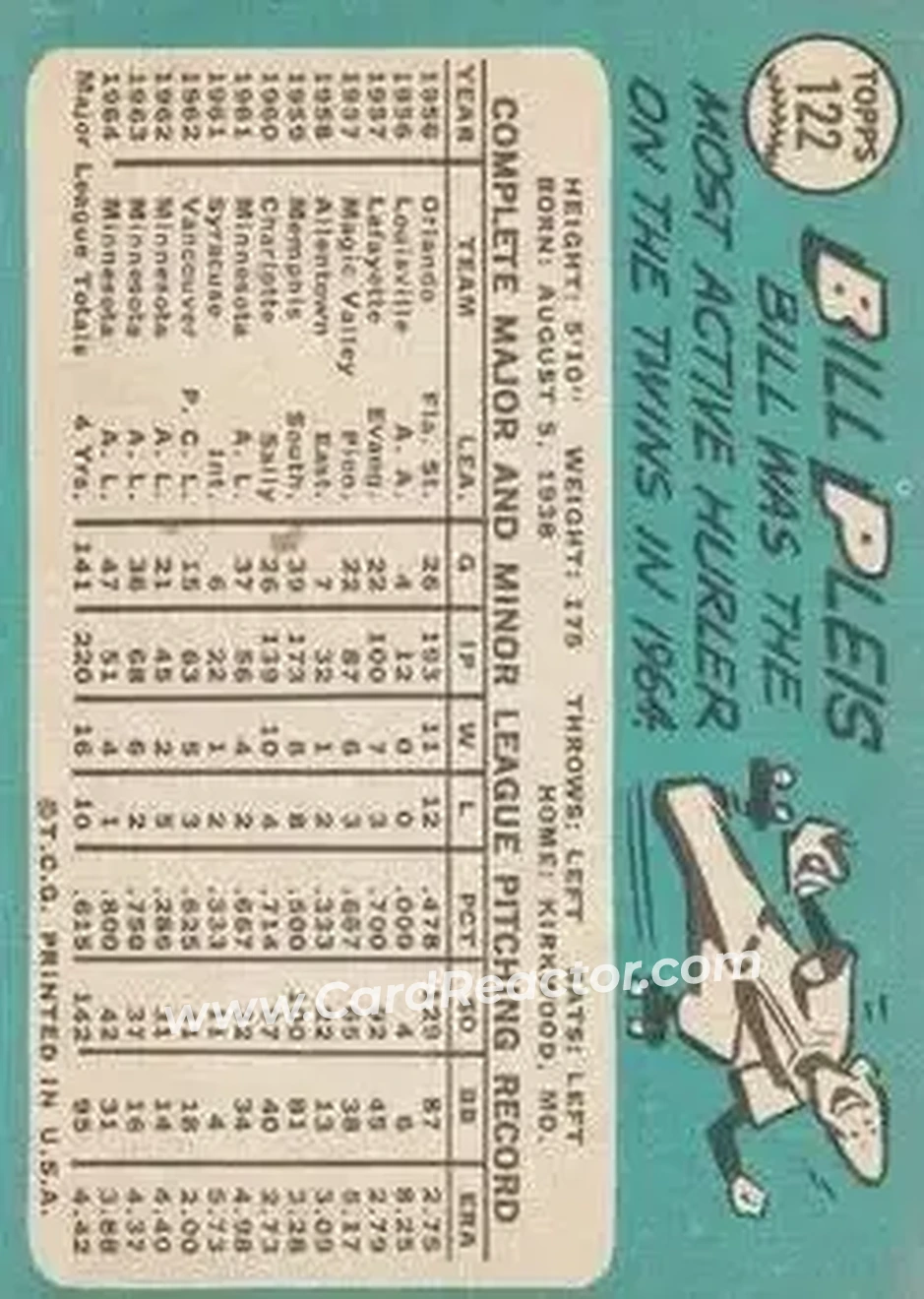 1965 Topps #122 - Bill Pleis - Minnesota Twins - Back