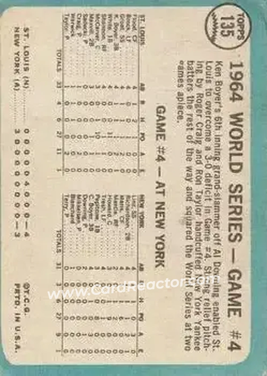 1965 Topps #135 - Card #135 - St. Louis Cardinals - Back