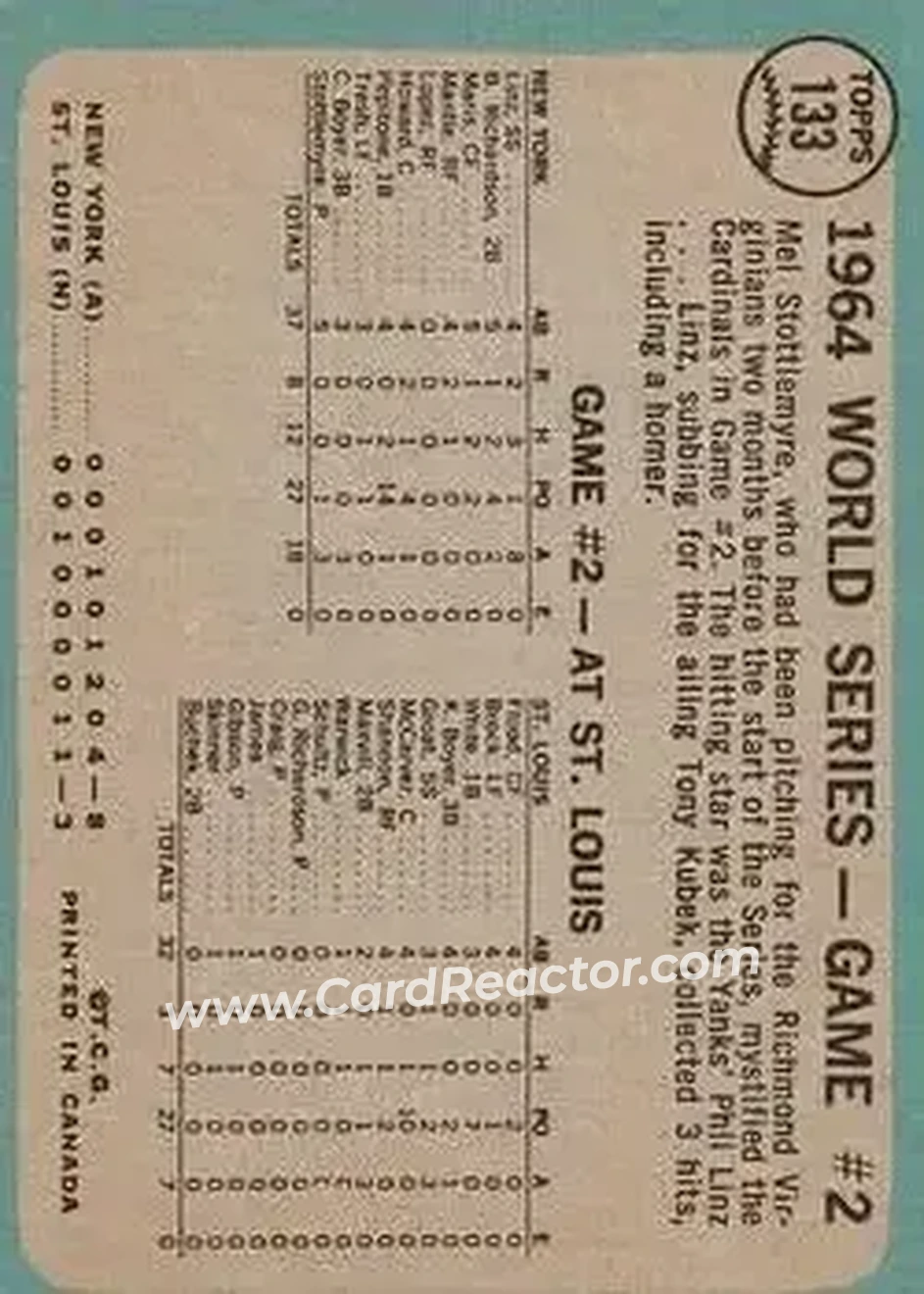 1965 O-Pee-Chee #133 - Card #133 - New York Yankees - Back