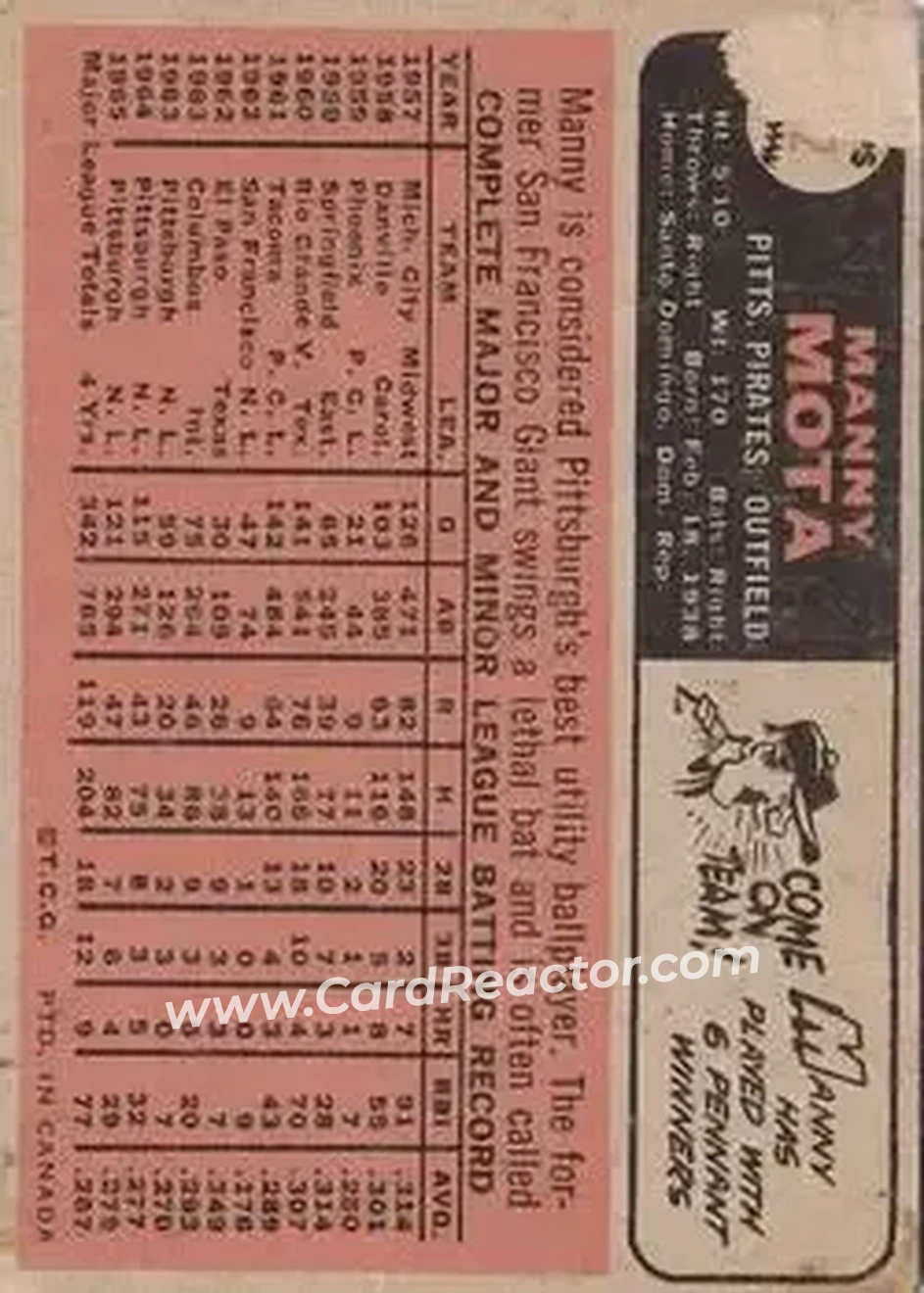 1966 O-Pee-Chee #112 - Manny Mota - Pittsburgh Pirates - Back