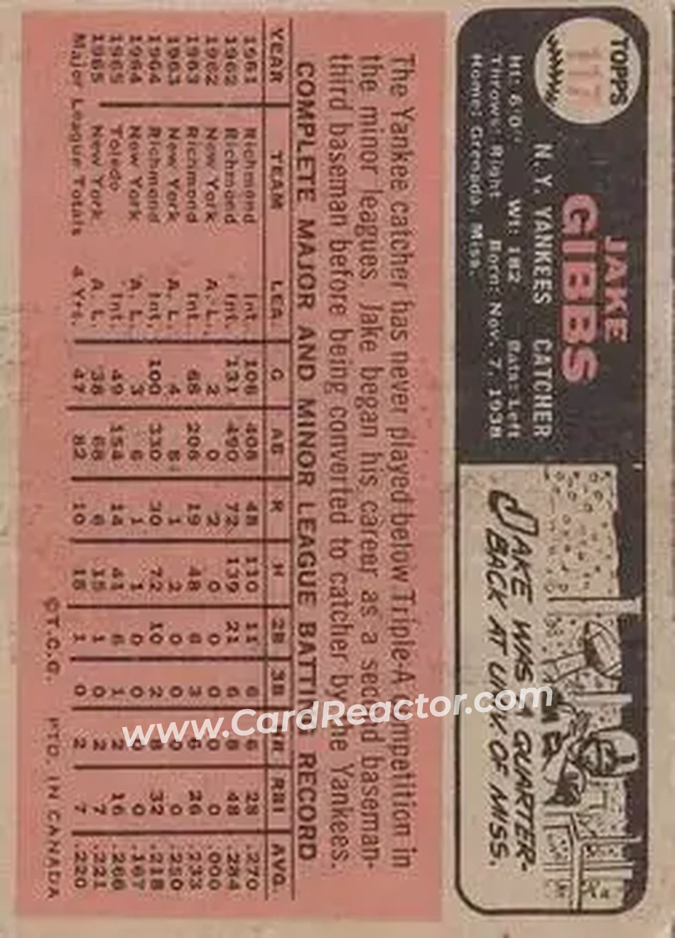 1966 O-Pee-Chee #117 - Jake Gibbs - New York Yankees - Back