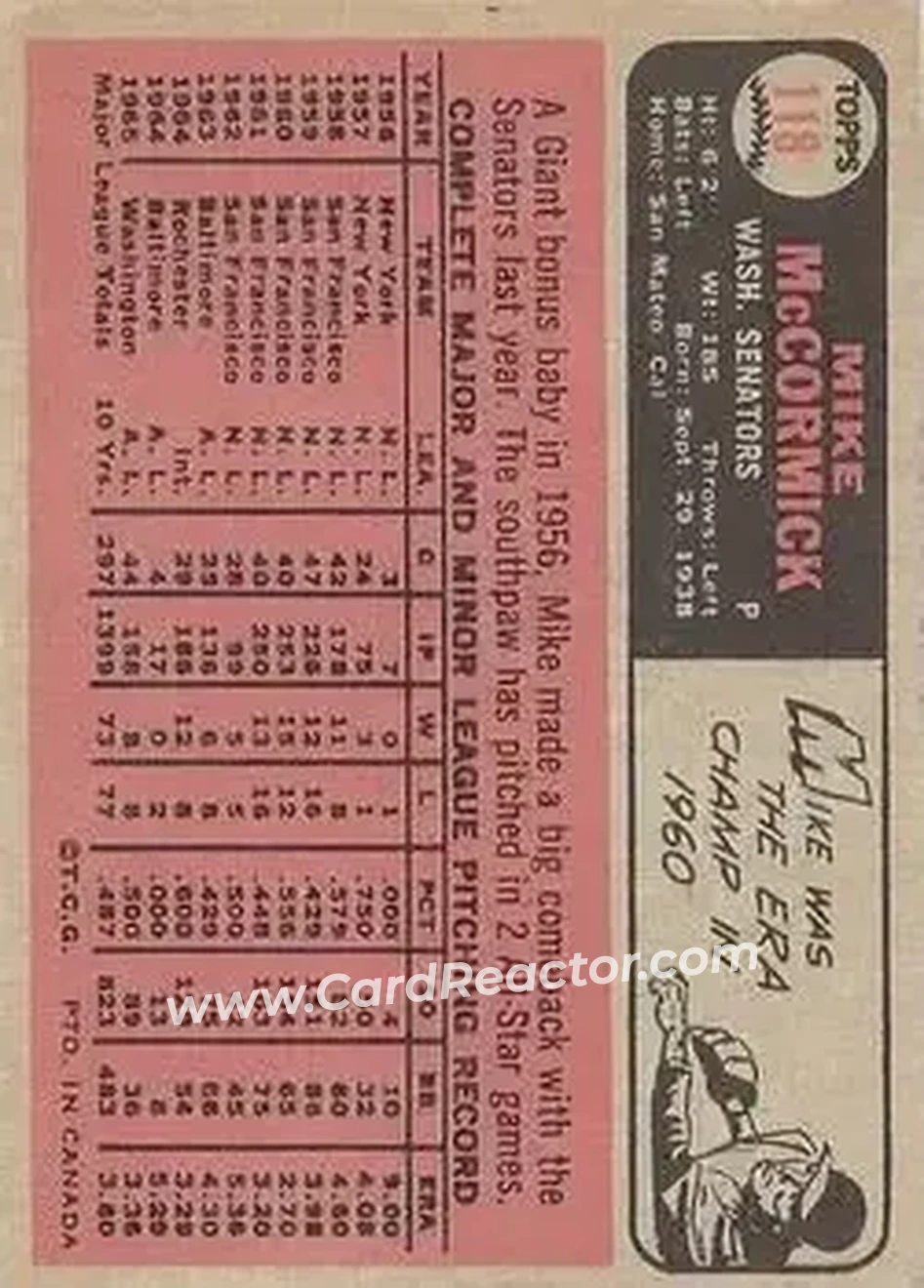 1966 O-Pee-Chee #118 - Mike McCormick - Washington Senators - Back