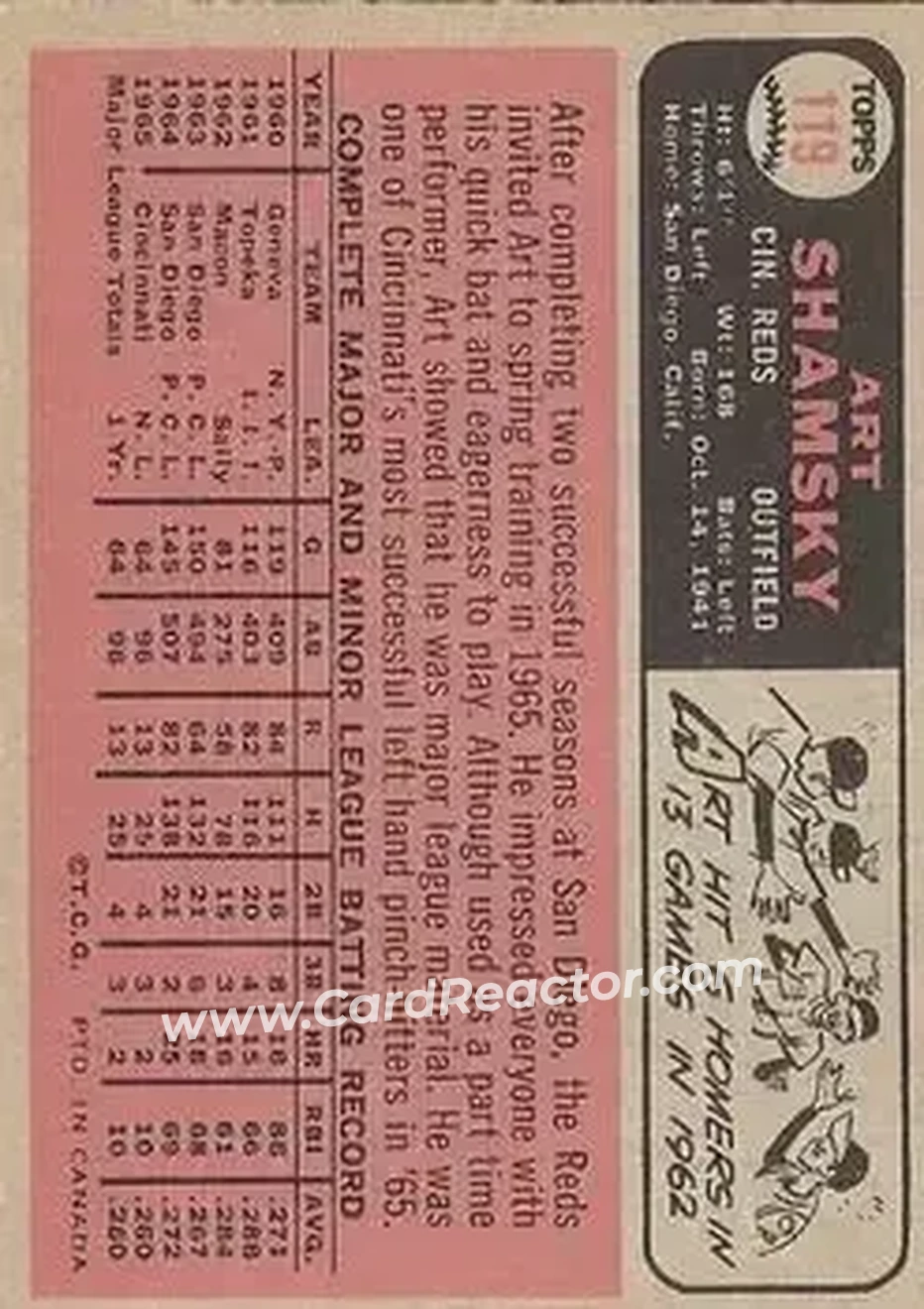 1966 O-Pee-Chee #119 - Art Shamsky - Cincinnati Reds - Back