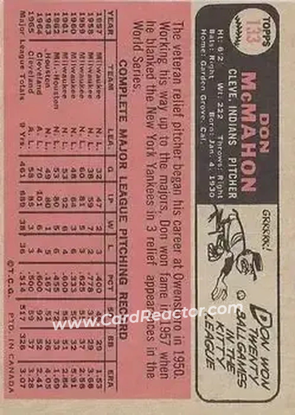 1966 O-Pee-Chee #133 - Don McMahon - Cleveland Indians - Back 1966 O-Pee-Chee #133 - Don McMahon - Cleveland Indians - Back