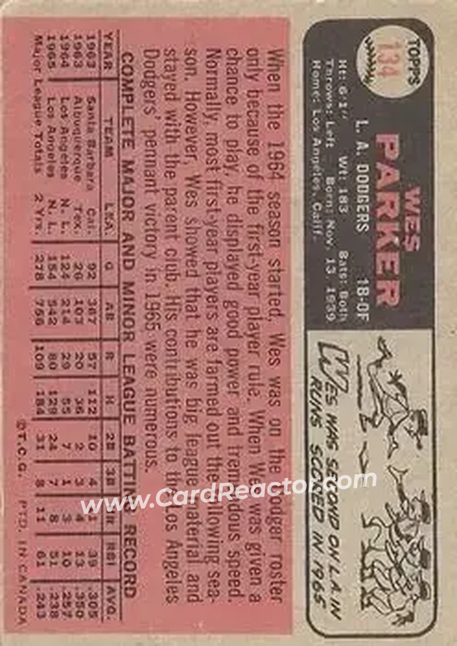 1966 O-Pee-Chee #134 - Wes Parker - Los Angeles Dodgers - Back