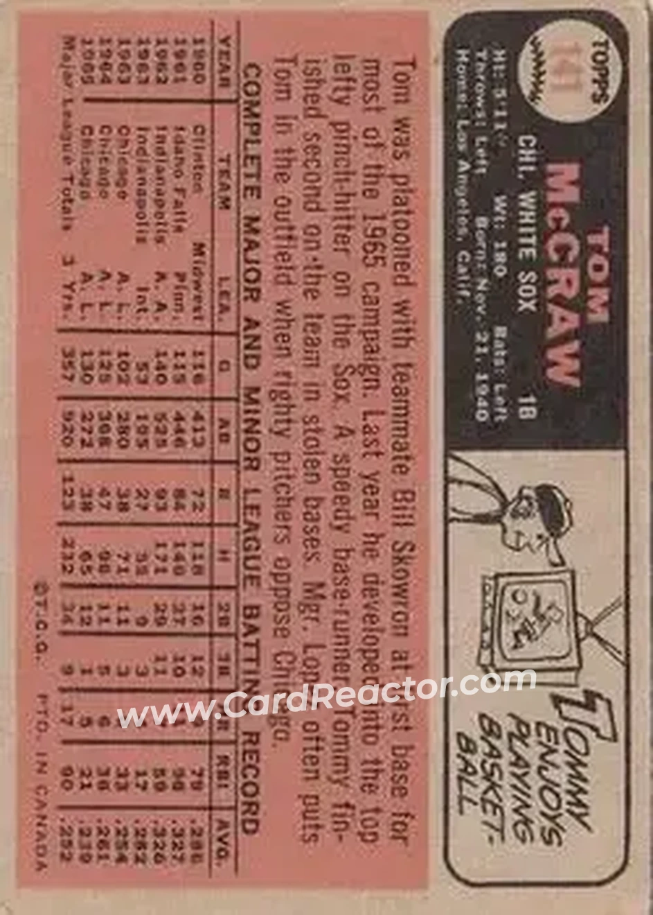1966 O-Pee-Chee #141 - Tommy McCraw - Chicago White Sox - Back