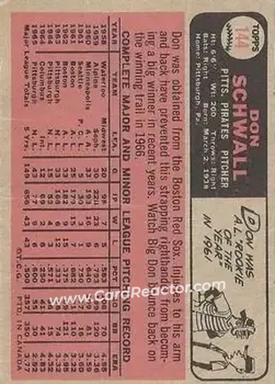 1966 O-Pee-Chee #144 - Don Schwall - Pittsburgh Pirates - Back