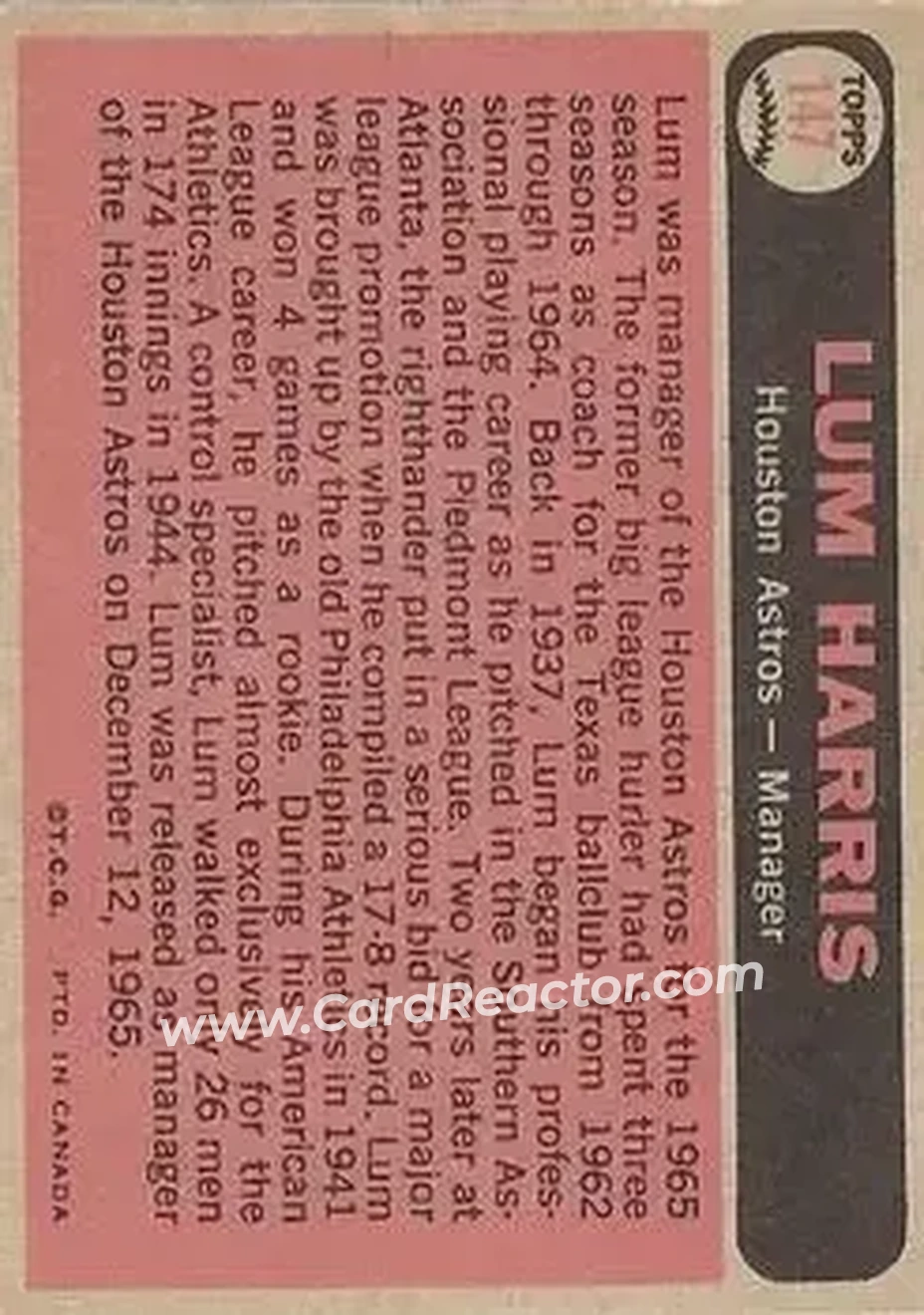 1966 O-Pee-Chee #147 - Lum Harris - Houston Astros - Back