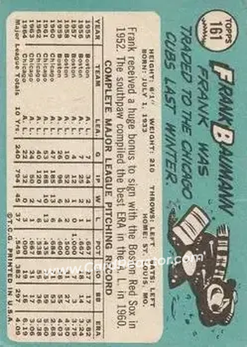1965 Topps #161 - Frank Baumann - Chicago Cubs - Back 1965 Topps #161 - Frank Baumann - Chicago Cubs - Back