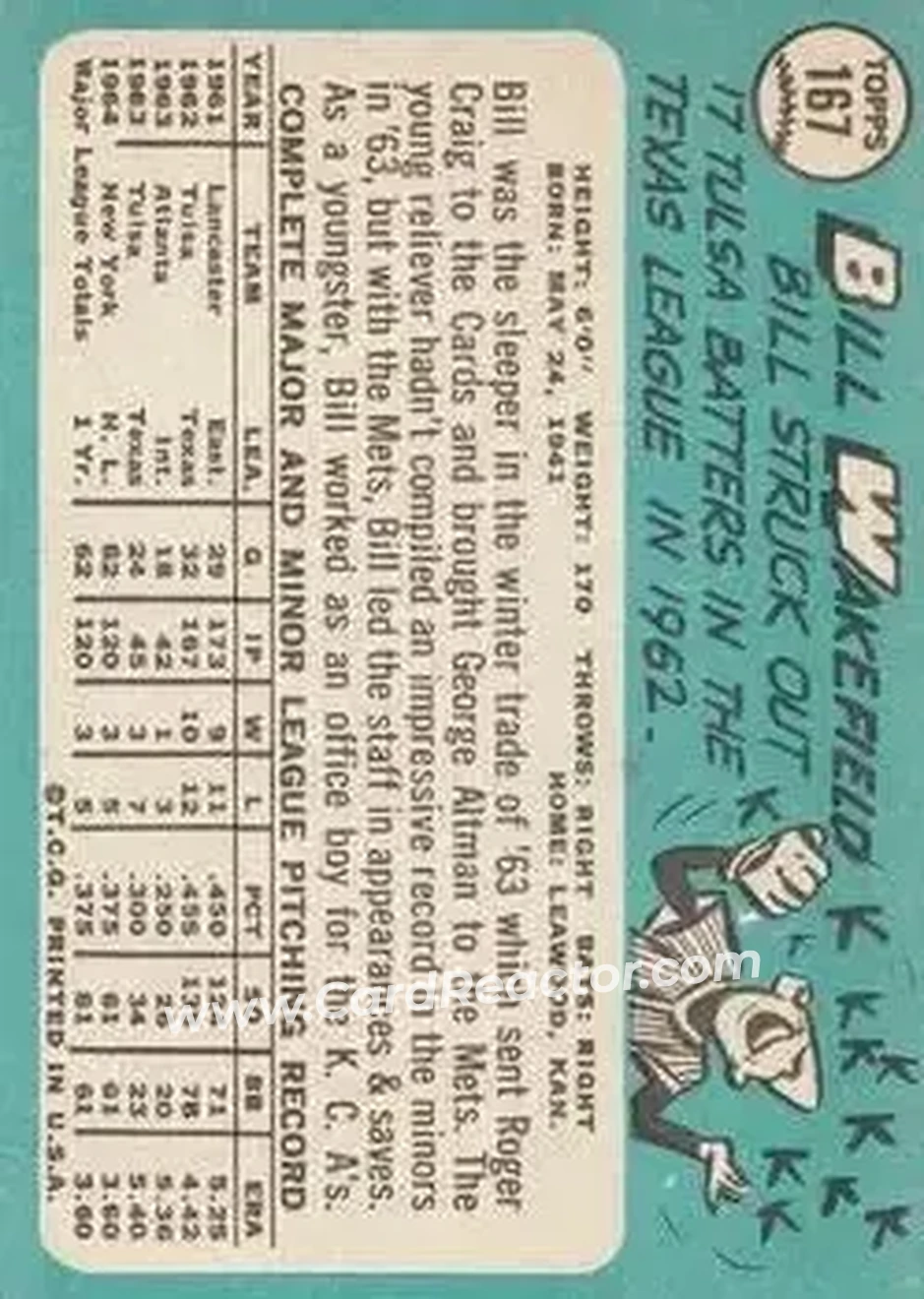 1965 Topps #167 - Bill Wakefield - New York Mets - Back
