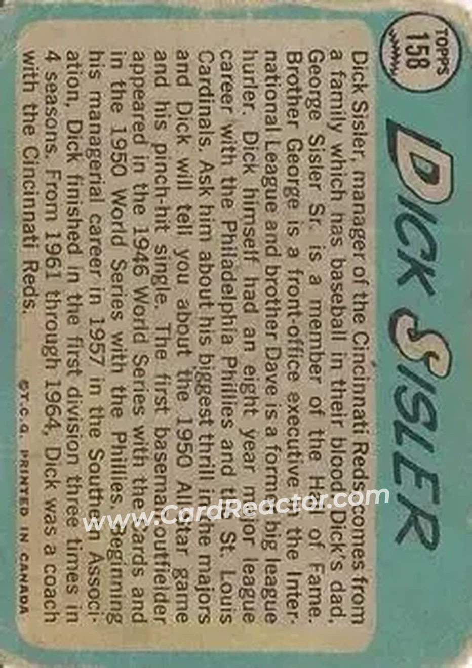 1965 O-Pee-Chee #158 - Dick Sisler - Cincinnati Reds - Back