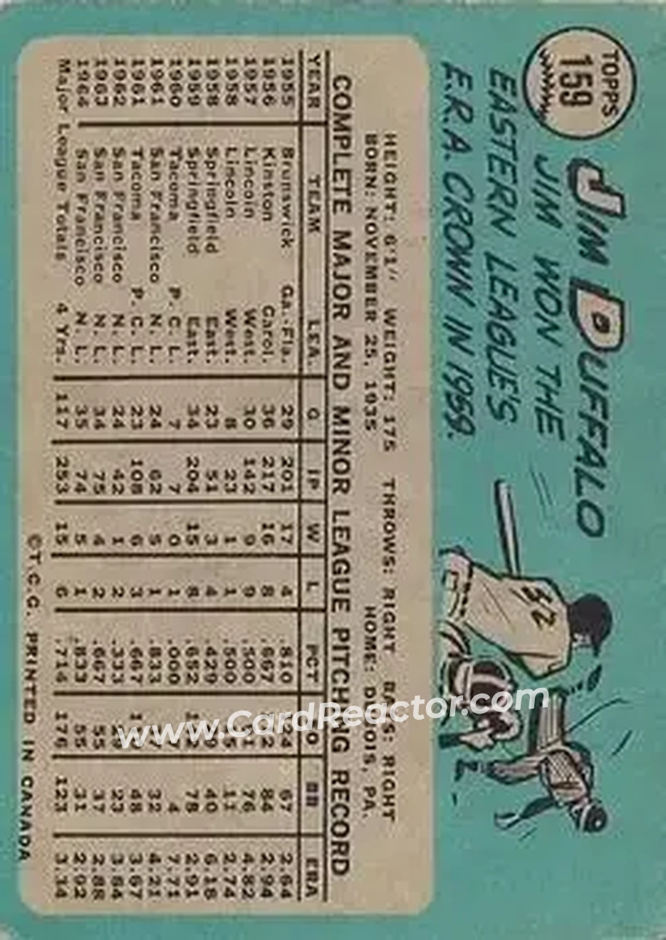 1965 O-Pee-Chee #159 - Jim Duffalo - San Francisco Giants - Back