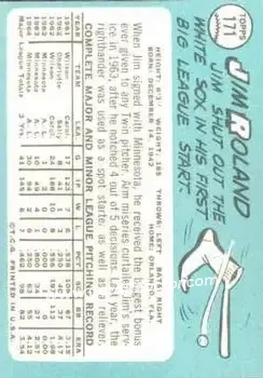 1965 Topps #171 - Jim Roland - Minnesota Twins - Back 1965 Topps #171 - Jim Roland - Minnesota Twins - Back