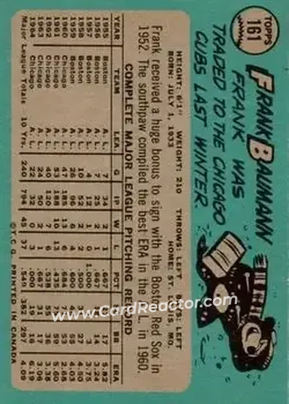 1965 O-Pee-Chee #161 - Frank Baumann - Chicago Cubs - Back