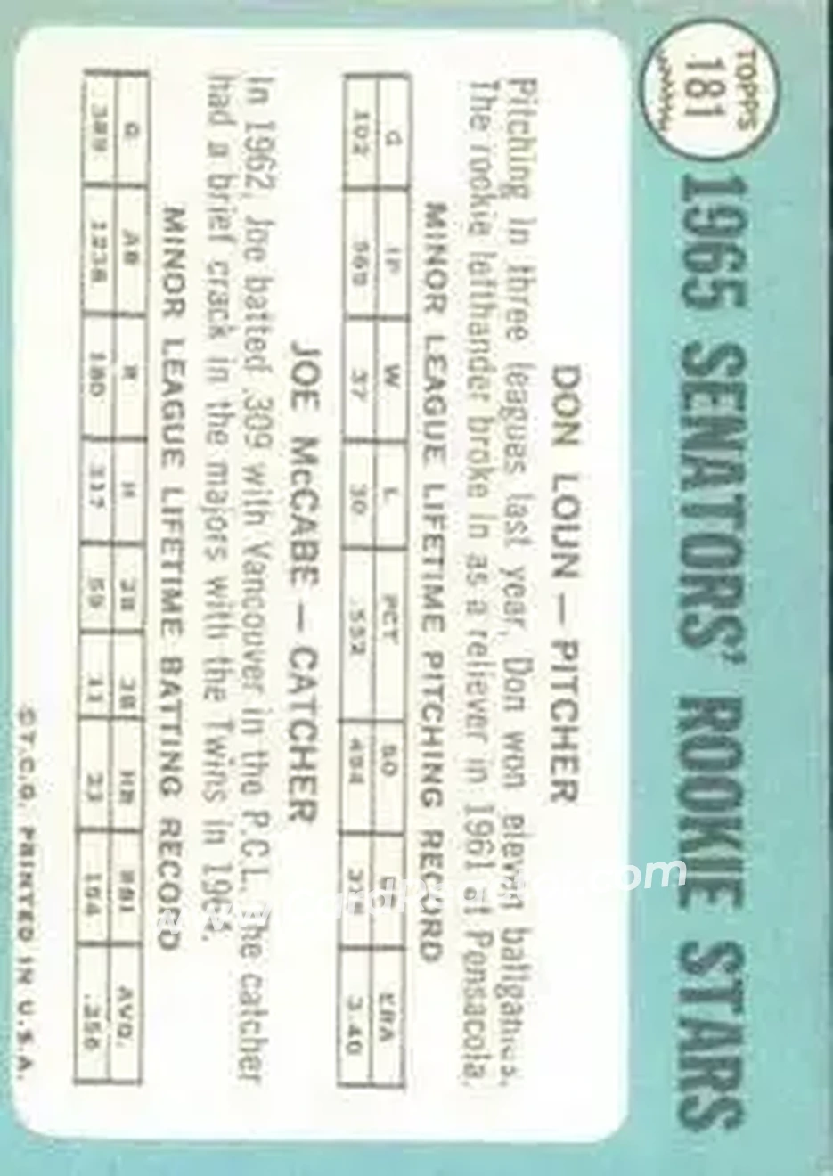 1965 Topps #181 - Card #181 - Washington Senators - Back 1965 Topps #181 - Card #181 - Washington Senators - Back