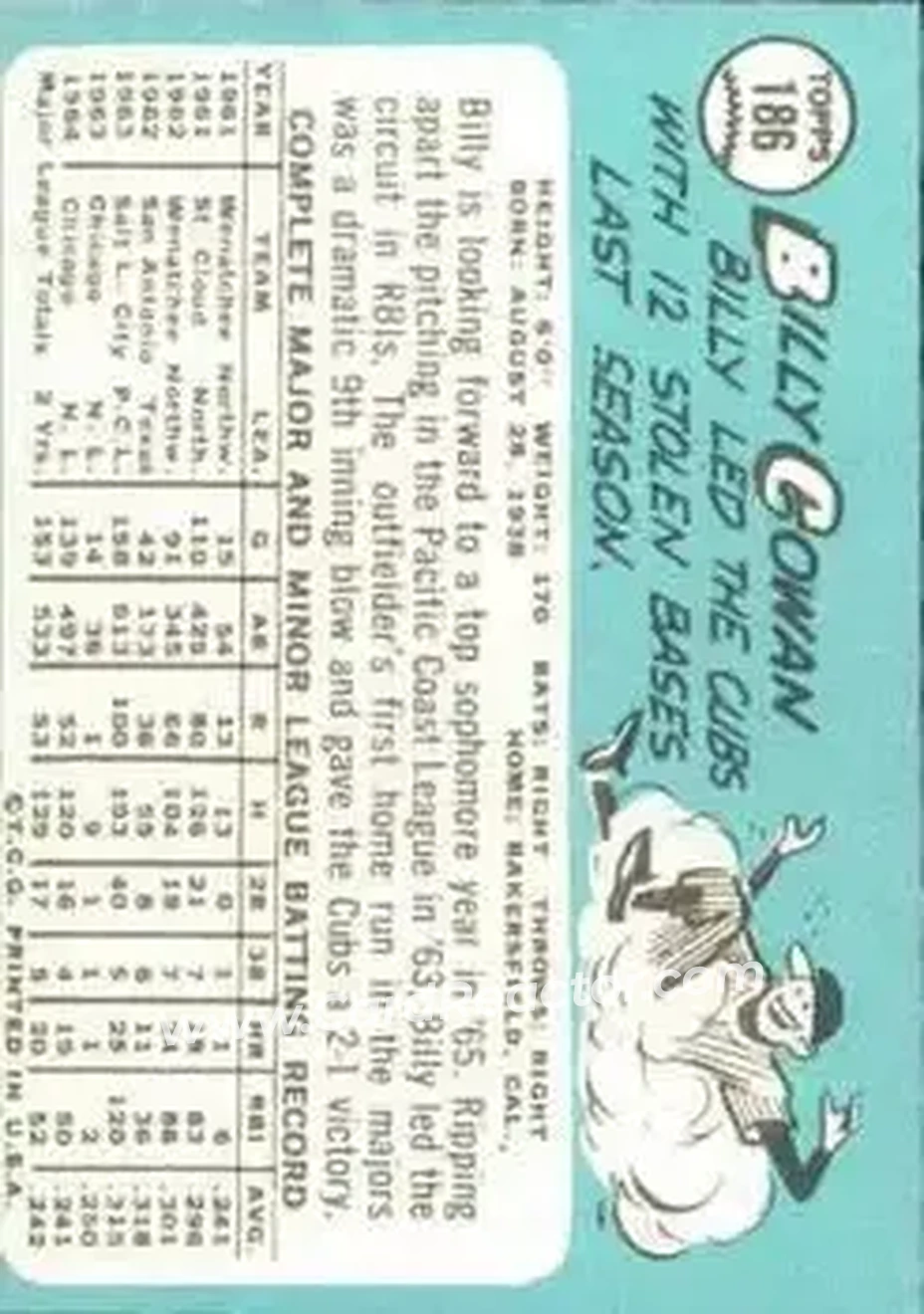 1965 Topps #186 - Billy Cowan - Chicago Cubs - Back
