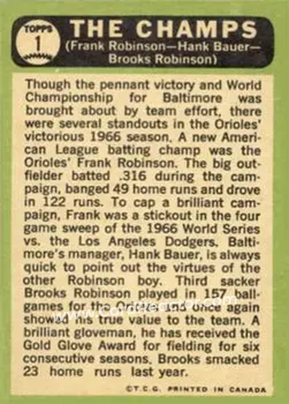 1967 O-Pee-Chee #1 - Card #1 - Baltimore Orioles - Back 1967 O-Pee-Chee #1 - Card #1 - Baltimore Orioles - Back