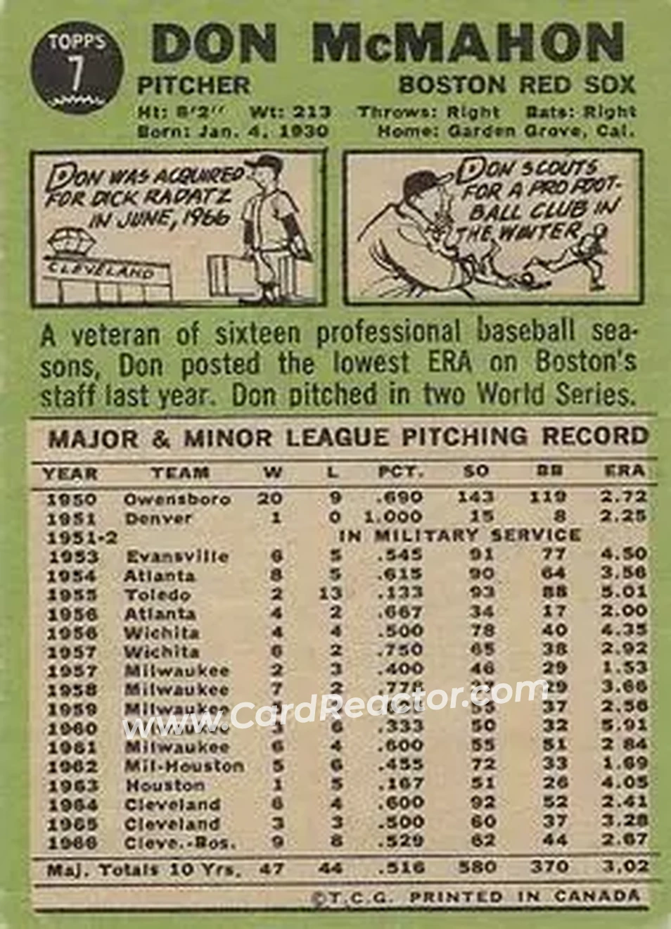 1967 O-Pee-Chee #7 - Don McMahon - Boston Red Sox - Back