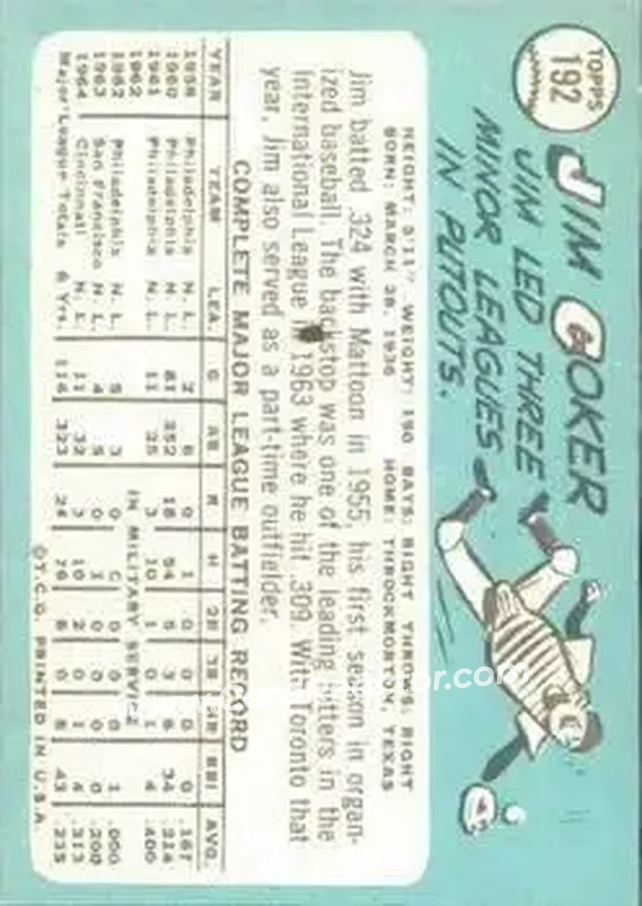 1965 Topps #192 - Jim Coker - Cincinnati Reds - Back