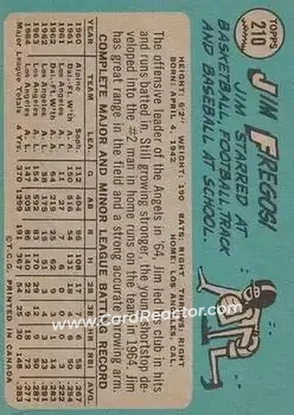 1965 O-Pee-Chee #210 - Jim Fregosi - Los Angeles Angels - Back
