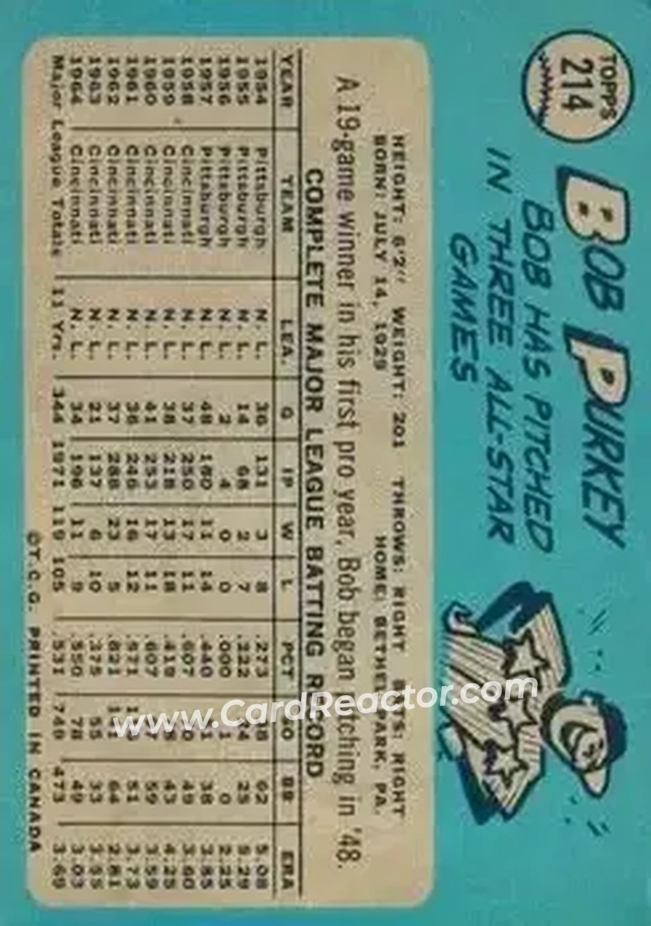 1965 O-Pee-Chee #214 - Bob Purkey - St. Louis Cardinals - Back