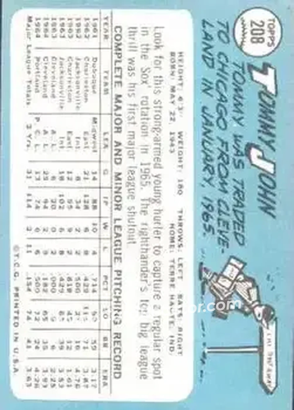 1965 Topps #208 - Tommy John - Chicago White Sox - Back